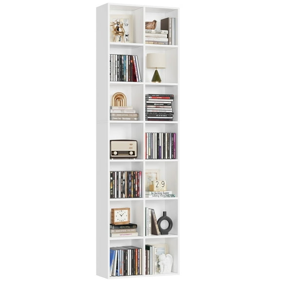 Hiphuta Double 7-Tier Media Tower Rack, Tall Narrow Bookcase Display Bookshelf, Cube Bookcase for Adult Living Room, CD DVD Slim Storage Cabinet with Adjustable Shelves, White