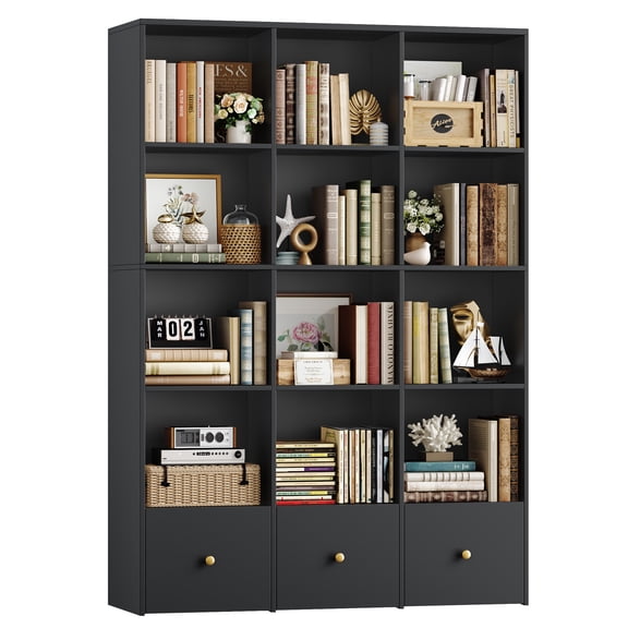 Hiphuta Triple Row 4-Tier Bookcase with 12 Cubes, 69" Tall Large Bookcase with 3 Drawers, for Office Living Room, Black