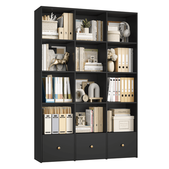 Hiphuta Triple Row 4-Tier Bookcase with 12 Cubes, 69" Tall Large Bookcase with 3 Drawers, for Office Living Room, Black