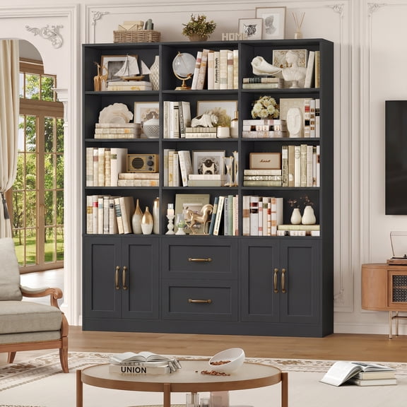 Hiphuta 71" Tall Triple Row 4-Tier Bookcase with 12 Open Cubes, 59" Wide Extra Large Display Bookshelf with 4 Doors and 2 Drawers, for Office Living Room, Black