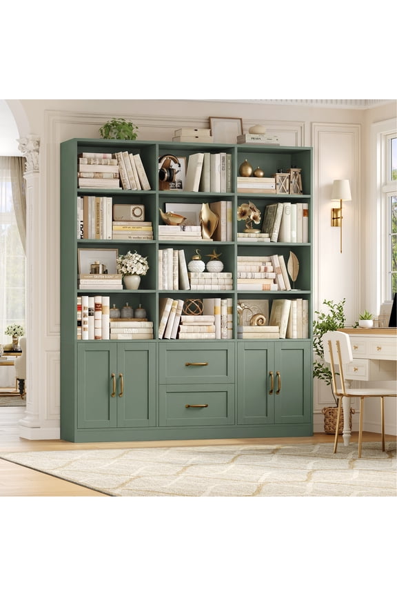 71" Tall Triple Row 4-Tier Bookcase with 12 Open Cubes, 59" Wide Extra Large Display Bookshelf with 4 Doors and 2 Drawers, for Office Living Room, Green
