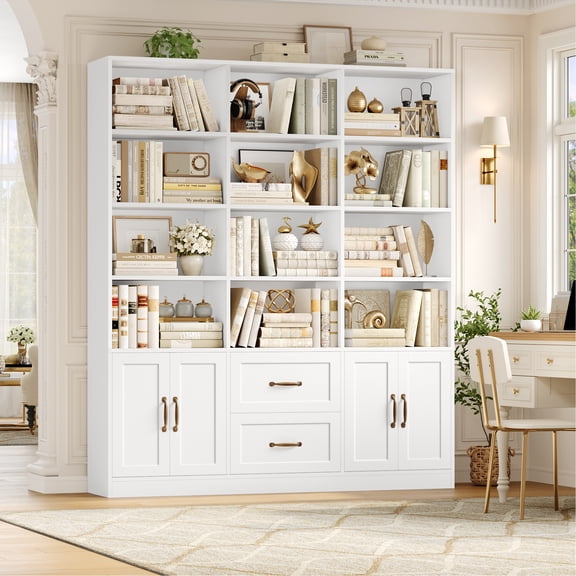 Hiphuta 71" Tall Triple Row 4-Tier Bookcase with 12 Open Cubes, 59" Wide Extra Large Display Bookshelf with 4 Doors and 2 Drawers, for Office Living Room, White