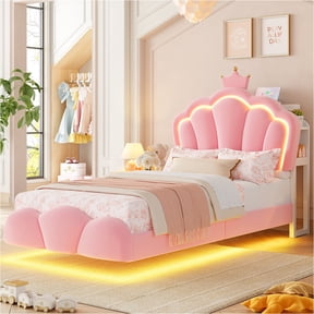 Hiphuta Twin Floating Bed Frame with Crown Storage Headboard, Velvet Upholstered Platform Bed with LED Lights & Charging Station, No Box Spring Needed, Pink