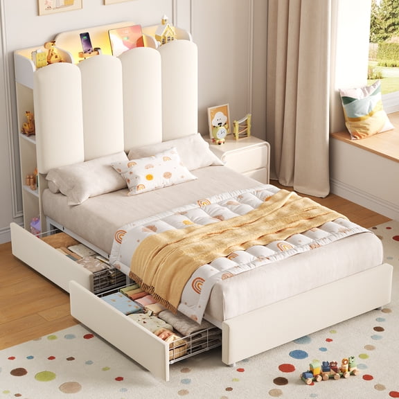 Hiphuta Twin Size Bed Frame with Storage Headboard and Side Storage Shelves, Upholstered LED Platform Bed with 2 Drawers and Charging Station, White