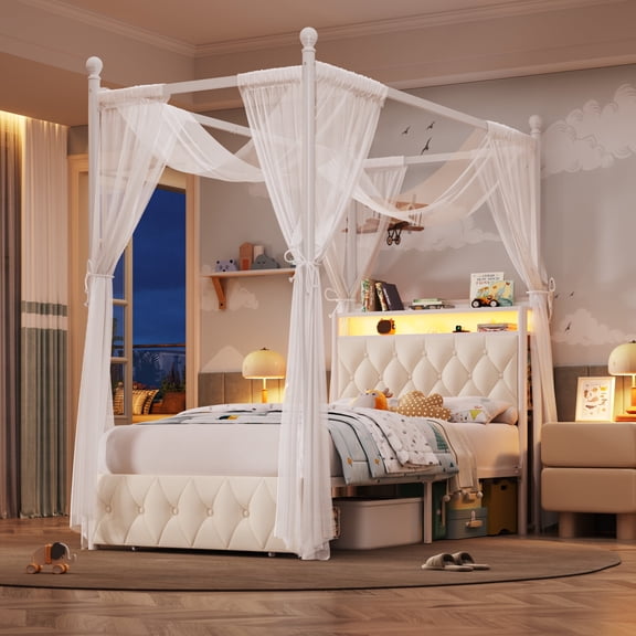 Hiphuta Twin Size Upholstered Canopy Bed with Charging Station & Storage Drawer, LED Beds with 4 Removable Posts, Twin Bed Frame, Beige
