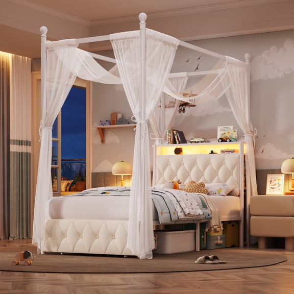 Hiphuta Twin Size Upholstered Canopy Bed with Charging Station & Storage Drawer, LED Beds with 4 Removable Posts, Twin Bed Frame, Beige