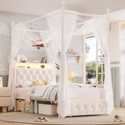 Hiphuta Twin Size Upholstered Canopy Bed with Charging Station & Storage Drawer, LED Beds with 4 Removable Posts, Twin Bed Frame, Beige