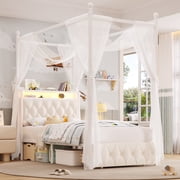 Hiphuta Twin Size Upholstered Canopy Bed with Charging Station & Storage Drawer, LED Beds with 4 Removable Posts, Twin Bed Frame, Beige