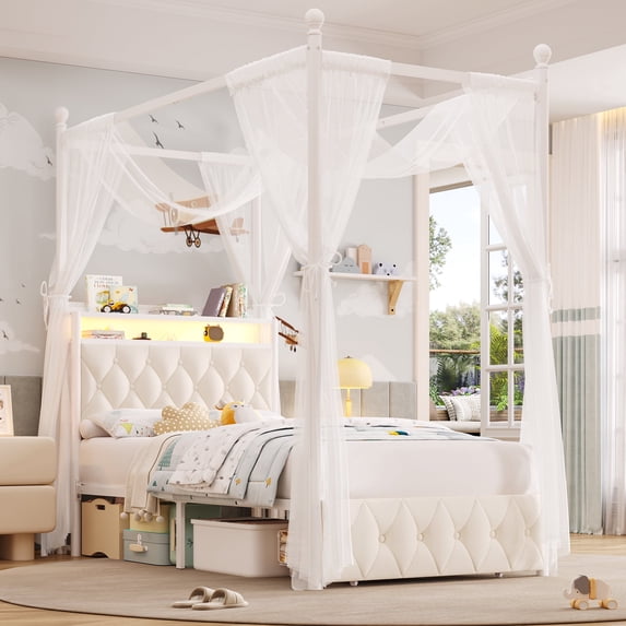 Hiphuta Twin Size Upholstered Canopy Bed with Charging Station & Storage Drawer, LED Beds with 4 Removable Posts, Twin Bed Frame, Beige