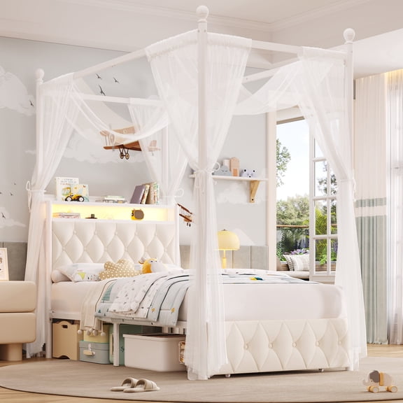 Hiphuta Twin Size Upholstered Canopy Bed with Charging Station & Storage Drawer, LED Beds with 4 Removable Posts, Twin Bed Frame, Beige