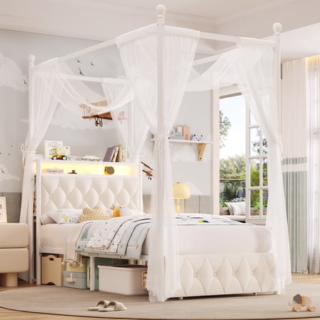 Hiphuta Twin Size Upholstered Canopy Bed with Charging Station & Storage Drawer, LED Beds with 4 Removable Posts, Twin Bed Frame, Beige