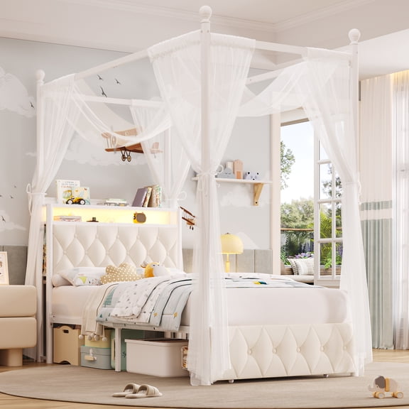 Hiphuta Twin Size Upholstered Canopy Bed with Charging Station & Storage Drawer, LED Beds with 4 Removable Posts, Twin Bed Frame, Beige