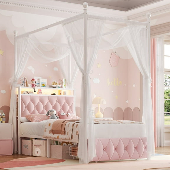 Hiphuta Twin Size Upholstered Canopy Bed with Charging Station & Storage Drawer, LED Beds with 4 Removable Posts, Twin Bed Frame, Pink