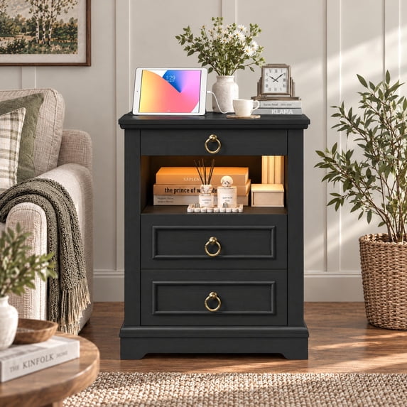 Hiphuta Wide Farmhouse Nightstand with 3 Drawers & Charging Station, Wood End Table for Living Room, LED Bedside Table for Adult Bedroom, Black