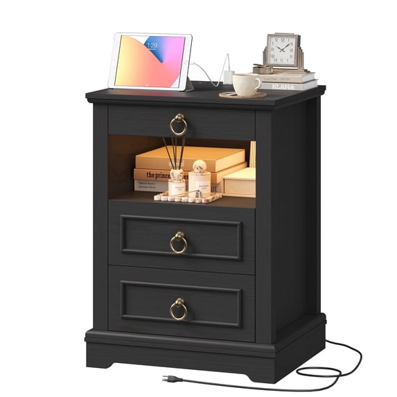 Hiphuta Wide Farmhouse Nightstand with Charging Station, Wood Night Stands End Table with 3 Drawer, LED Bedside Table for Bedroom Living Room, Black