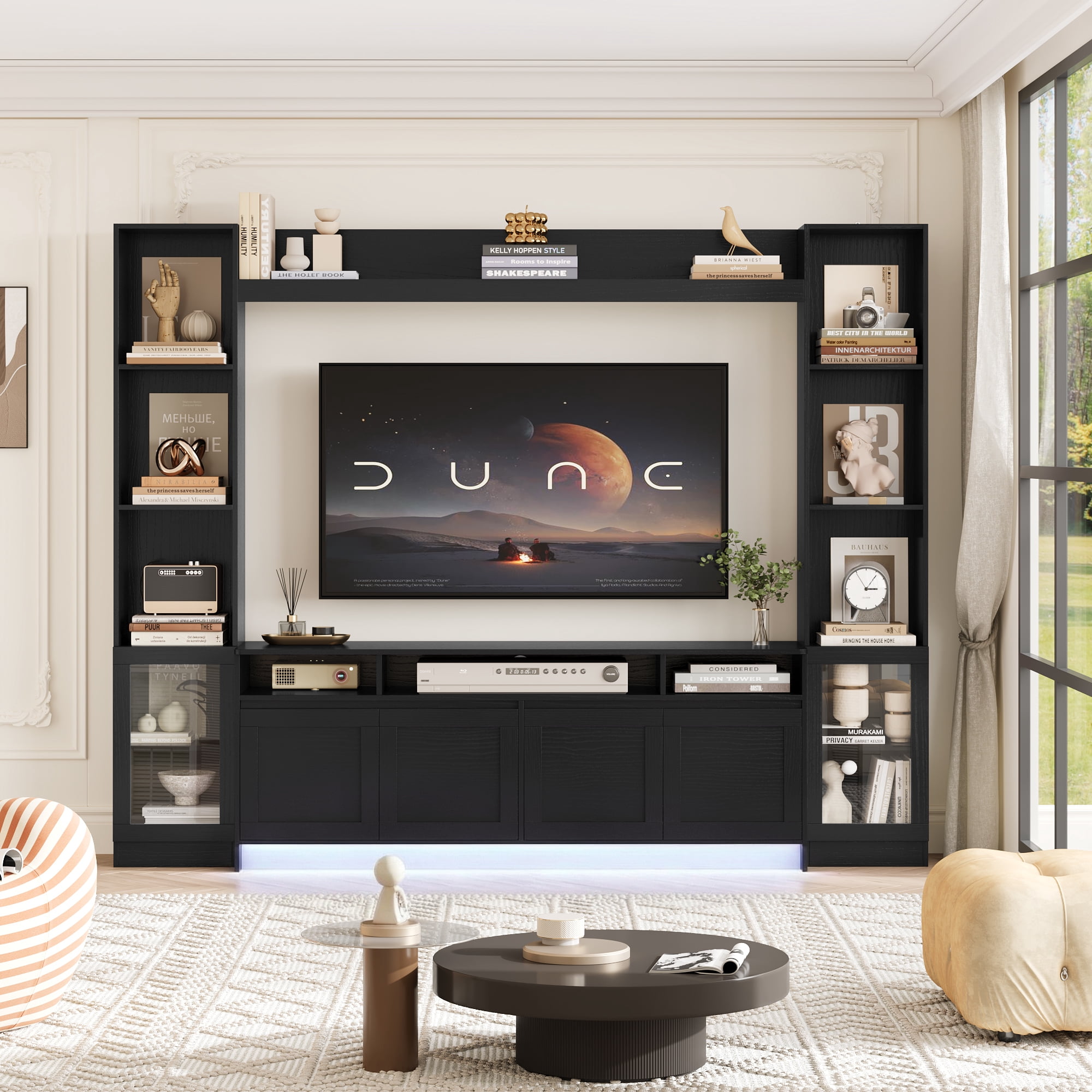 Hiphuta 79" W Wall Unit Entertainment Center for TVs up to 65", Farmhouse Wall Unit TV Stand with Bookshelves and Cabinet, Entertainment Center with LED Lights for Living Room, Black