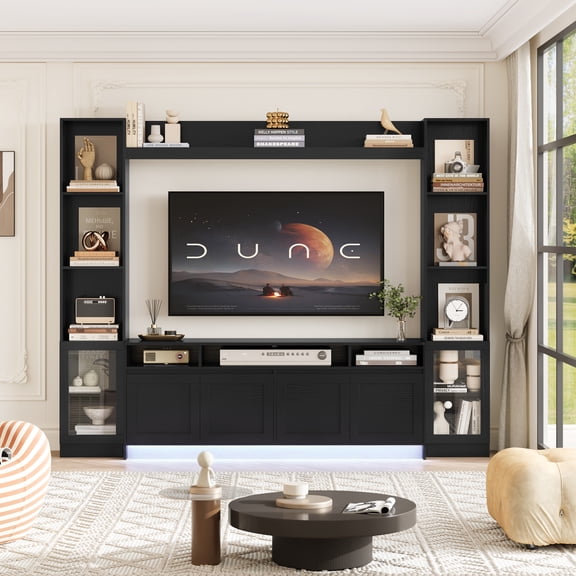 Hiphuta 79" W Wall Unit Entertainment Center for TVs up to 65", Farmhouse Wall Unit TV Stand with Bookshelves and Cabinet, Entertainment Center with LED Lights for Living Room, Black
