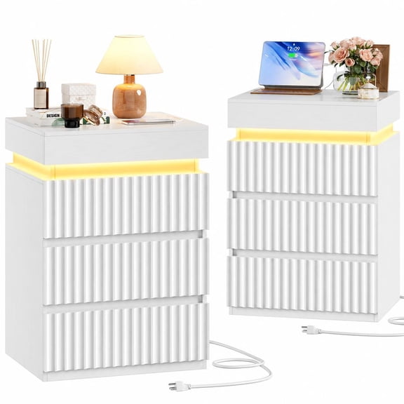 Hiphuta Set of 2 Bedside Table with Charging Station, Wood Nightstand End Table with 3 Drawers for Adult Bedroom Living Room, White