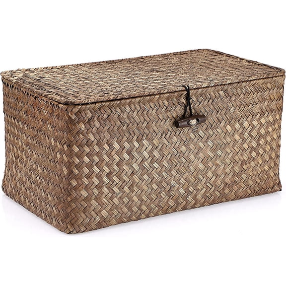 Wicker Bin with Lid, Handwoven Seagrass Basket Storage Bins Rectangular Household Basket Boxes for Shelf Wardrobe Home Organizer, Coffee Medium