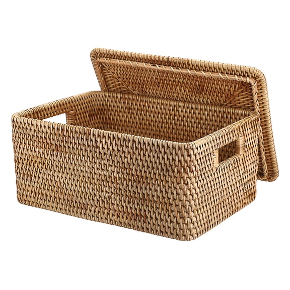 Hipiwe Wicker Storage Bins with Lid Handwoven Rattan Baskets Rectangular Decorative Shelf Baskets Bin with Handles Household Basket Boxes for Home Organizing,13.2"L x10.2"W x6.7"H
