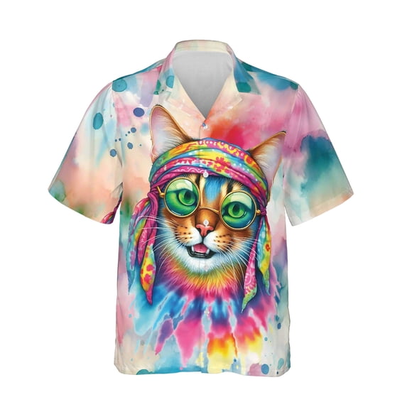 Hippie Abyssinian Portrait Watercolor Tie-Dye Vintage Styles Hawaiian Shirt Breathable Summer Unisex Merch Cat Lover Kitten Owner Gifts - 00014