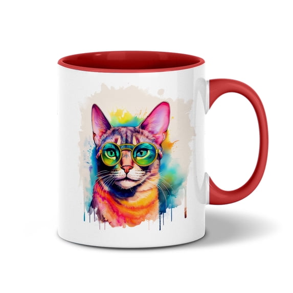 Hippie Abyssinian Portrait oil painting Watercolor Tie-dye Vintage 11oz Accent Two-tone Mug Cat Lover Kitten Owner Gifts Coffee Tea Cup - 00015