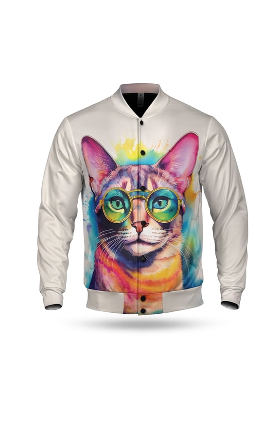 Hippie Abyssinian Portrait oil painting Watercolor Tie-dye Vintage All Over Print 3D Baseball Jacket Cat Lover Kitten Owner Gifts Bomber Jacket Softball - 00015
