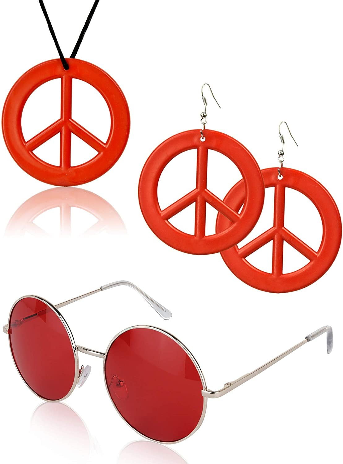 Hippie Accessories Round Glasses Peace Sign Necklace Earrings 60's