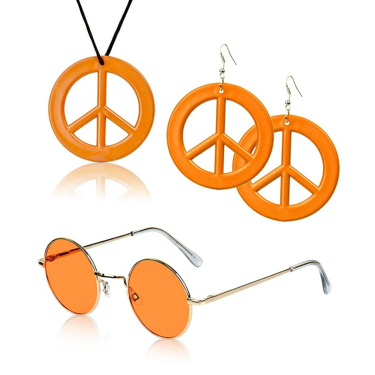 Hippie Accessories Round Glasses Peace Sign Necklace Earrings 60's 70's  Costumes 