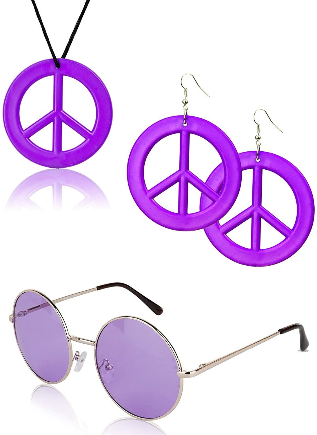 Hippie Accessories Round Glasses Peace Sign Necklace Earrings 60's