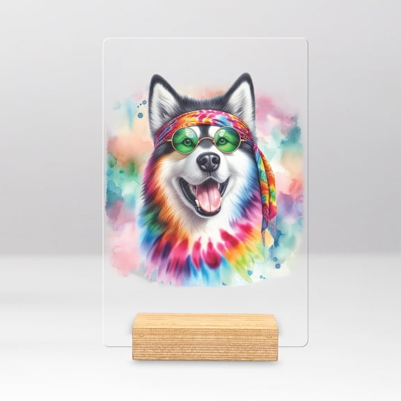 Hippie Alaskan Malamute Portrait Watercolor Tie-Dye Vintage Styles Acrylic Plaque Sign Ashwood Base Alaska Mal Dog Lovers Gifts Home Desk Decor - 00014