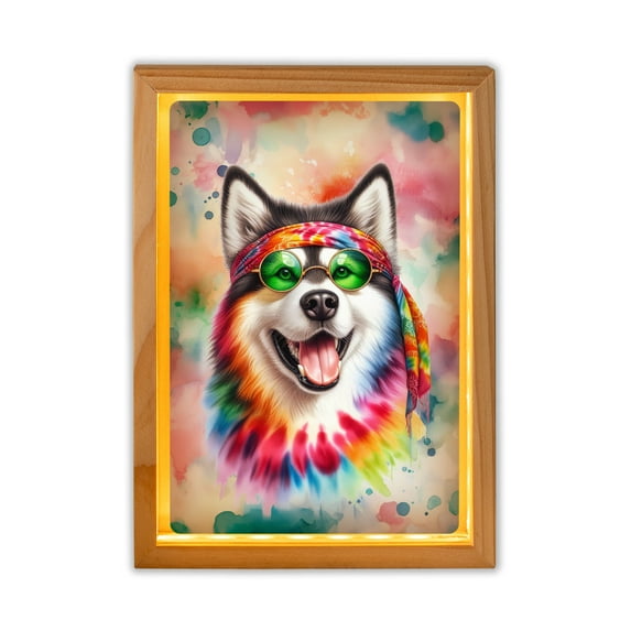 Hippie Alaskan Malamute Portrait Watercolor Tie-Dye Vintage Styles Acrylic Plaque with Wood Photo Frame Box Alaska Mal Dog Lovers Gifts Light Box - 00014