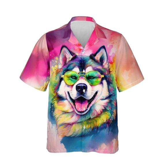 Hippie Alaskan Malamute Portrait oil painting Watercolor Tie-dye Vintage Hawaiian Shirt Breathable Summer Unisex Merch Alaska Mal Dog Lovers Gifts - 00015