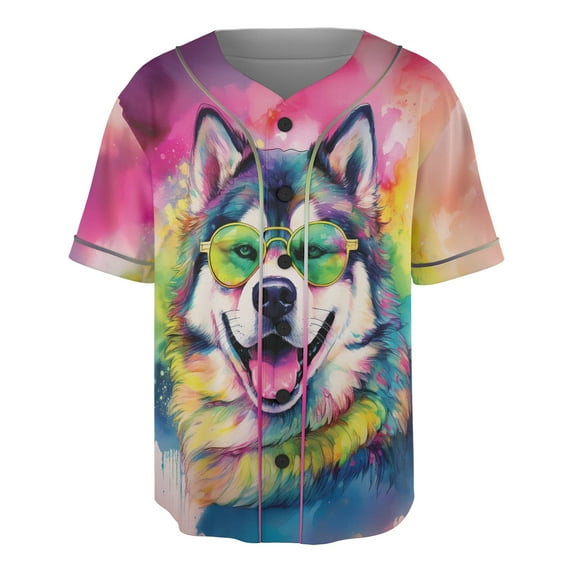 Hippie Alaskan Malamute Portrait oil painting Watercolor Tie-dye Vintage All Over Print 3D Baseball Shirt Alaska Mal Dog Lovers Gifts Softball Sport - 00015