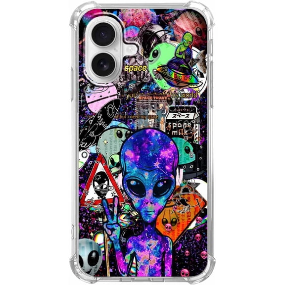 Hippie Alien UFO Case for iPhone 16 Plus, Trippy Cool Alien Astronaut in Space Pattern, Soft TPU Bumper Case for iPhone 16 Plus