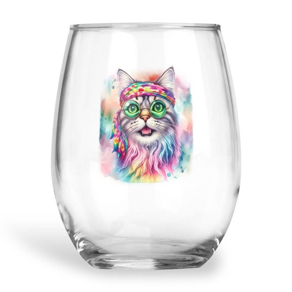 Hippie American Shorthair Portrait Watercolor Tie-Dye Vintage Styles 15oz Stemless Wine Glass Mug Cat Lover Kitten Owner Gifts Wine Glasses Cup - 00014