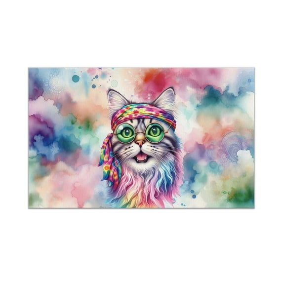 Hippie American Shorthair Portrait Watercolor Tie-Dye Vintage Styles Doormat Cat Lover Kitten Owner Gifts Indoor Outdoor Welcome Mat - 00014