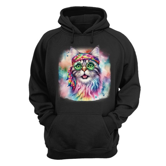 Hippie American Shorthair Portrait Watercolor Tie-Dye Vintage Styles Hoodie Unisex Merch Hoodies Cat Lover Kitten Owner Gifts - 00014