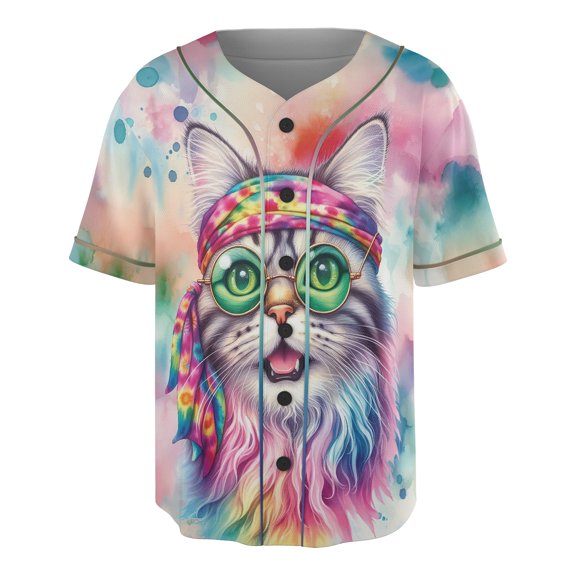 Hippie American Shorthair Portrait Watercolor Tie-Dye Vintage Styles All Over Print 3D Baseball Shirt Cat Lover Kitten Owner Gifts Softball Sport - 00014