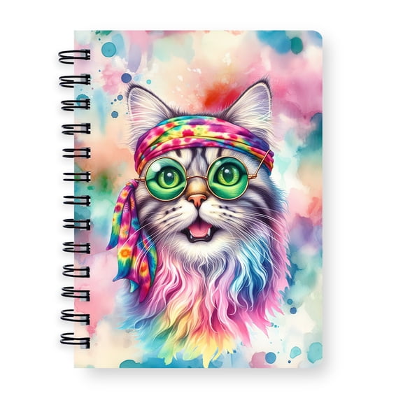 Hippie American Shorthair Portrait Watercolor Tie-Dye Vintage Styles Spiral Bound Journal Cat Lover Kitten Owner Gifts 5x7in Spiral Notebook - 00014