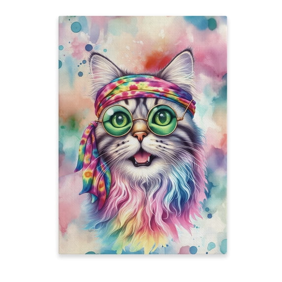 Hippie American Shorthair Portrait Watercolor Tie-Dye Vintage Styles Vertical Matte Canvas Poster Cat Lover Kitten Owner Gifts Wall Art Home Decor - 00014