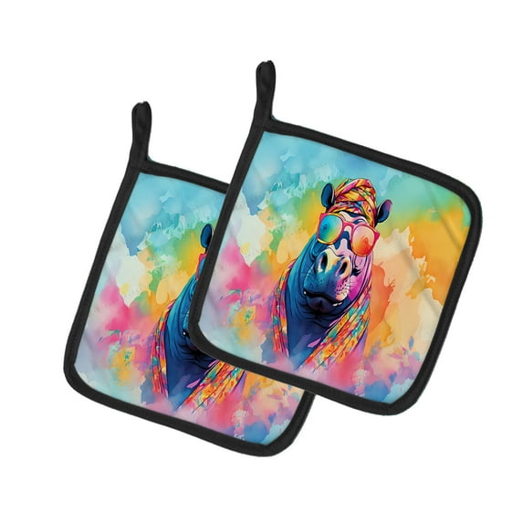 Hippie Animal Hippopotamus Pair of Pot Holders 7.5 in x 7.5 in