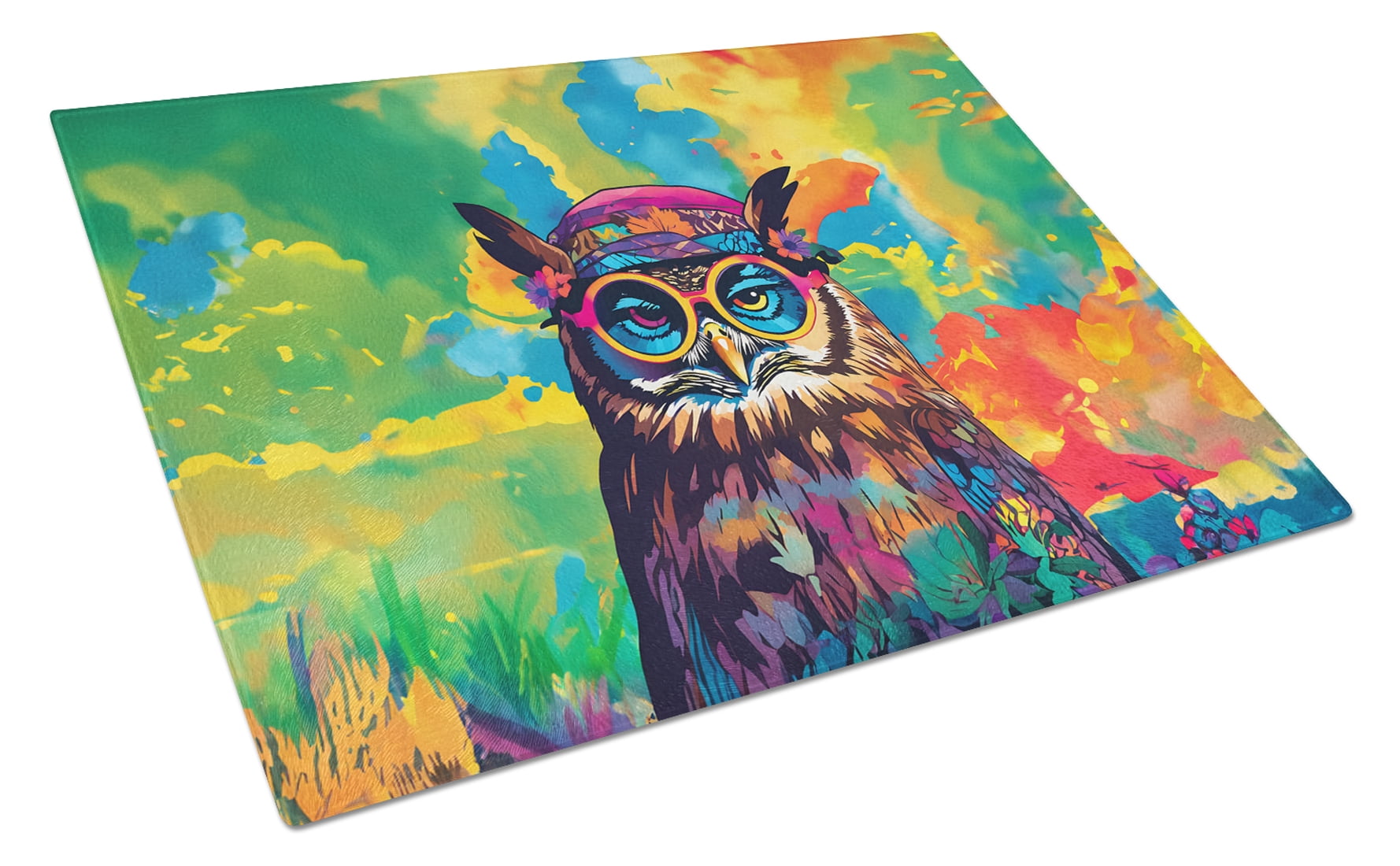 Hippie Animal Owl Glass Cutting Board 12 in x 15 in