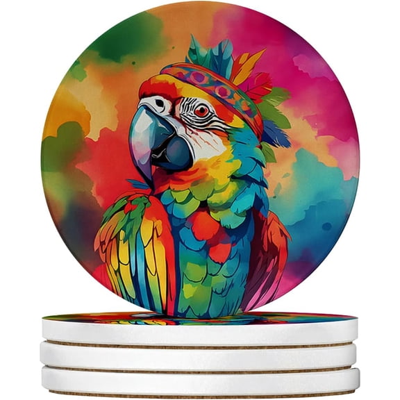 Hippie Animal Parrot Large Sandstone Coasters Pack of 4 Absorbent Round Coasters Gifts for Men or Women, 4 in, Multicolor