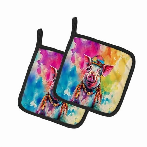 Hippie Animal Pig Pair of Pot Holders 7.5 in x 7.5 in