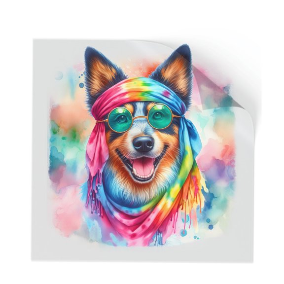 Hippie Australian Cattle Dog Portrait Watercolor Tie-Dye Vintage Styles Cutout Transfer Sticker Heeler Lover Gifts Transparent Decal Art Decor - 00014