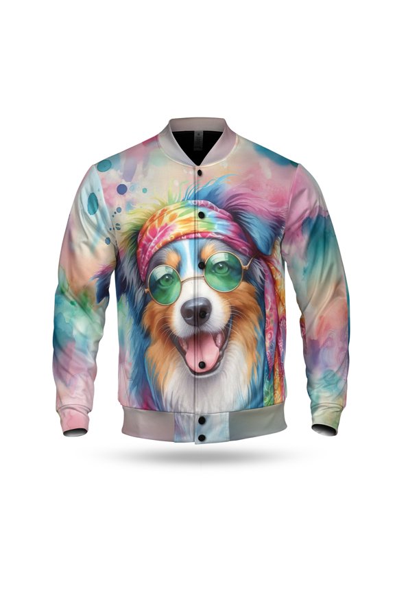 Hippie Australian Shepherd Portrait Watercolor Tie-Dye Vintage Styles All Over Print 3D Baseball Jacket Aussie Dog Lover Gifts Bomber Jacket Softball - 00014