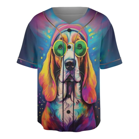 Hippie Basset Hound Portrait oil painting Watercolor Tie-dye Vintage All Over Print 3D Baseball Shirt Bassets Dog Breed Lovers Gifts Idea Softball Sport - 00015