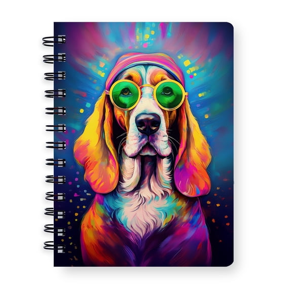 Hippie Basset Hound Portrait oil painting Watercolor Tie-dye Vintage Spiral Bound Journal Bassets Dog Breed Lovers Gifts Idea 5x7in Spiral Notebook - 00015