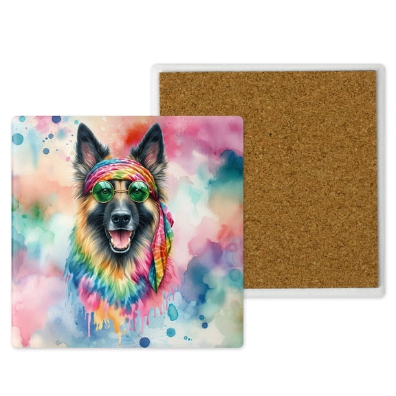 Hippie Belgian Malinois Portrait Watercolor Tie-Dye Vintage Styles Set of 4 Stone Coasters Sheepdog Dog Lover Gifts 4x4in Absorbent Soapstone Coaster - 00014